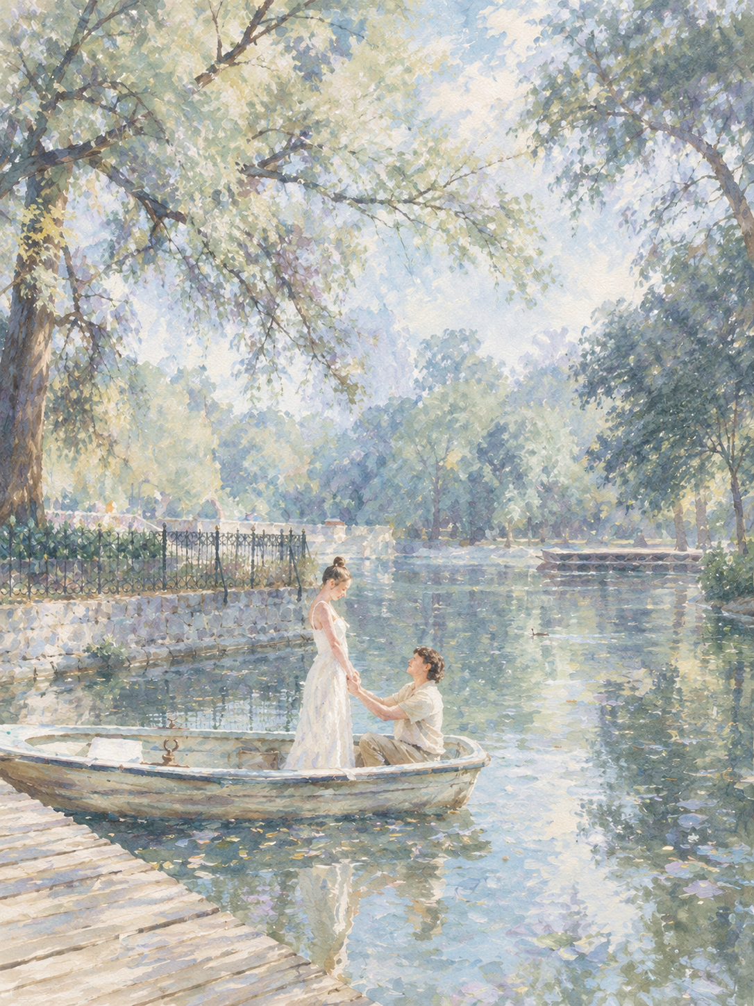 Watercolor painting of Eve and Long in a rowboat on a pond
